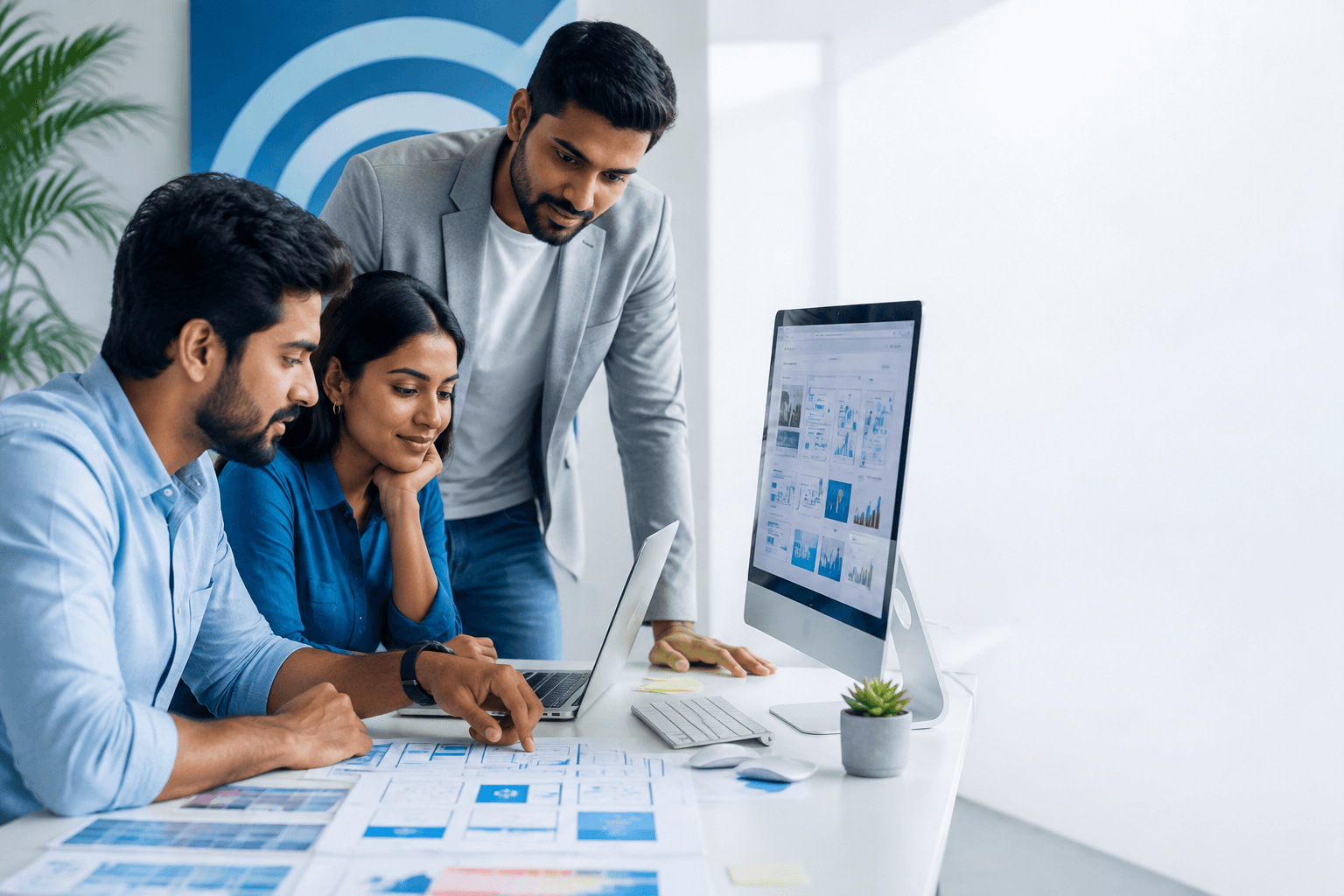 A team reviewing digital experience designs and performance data