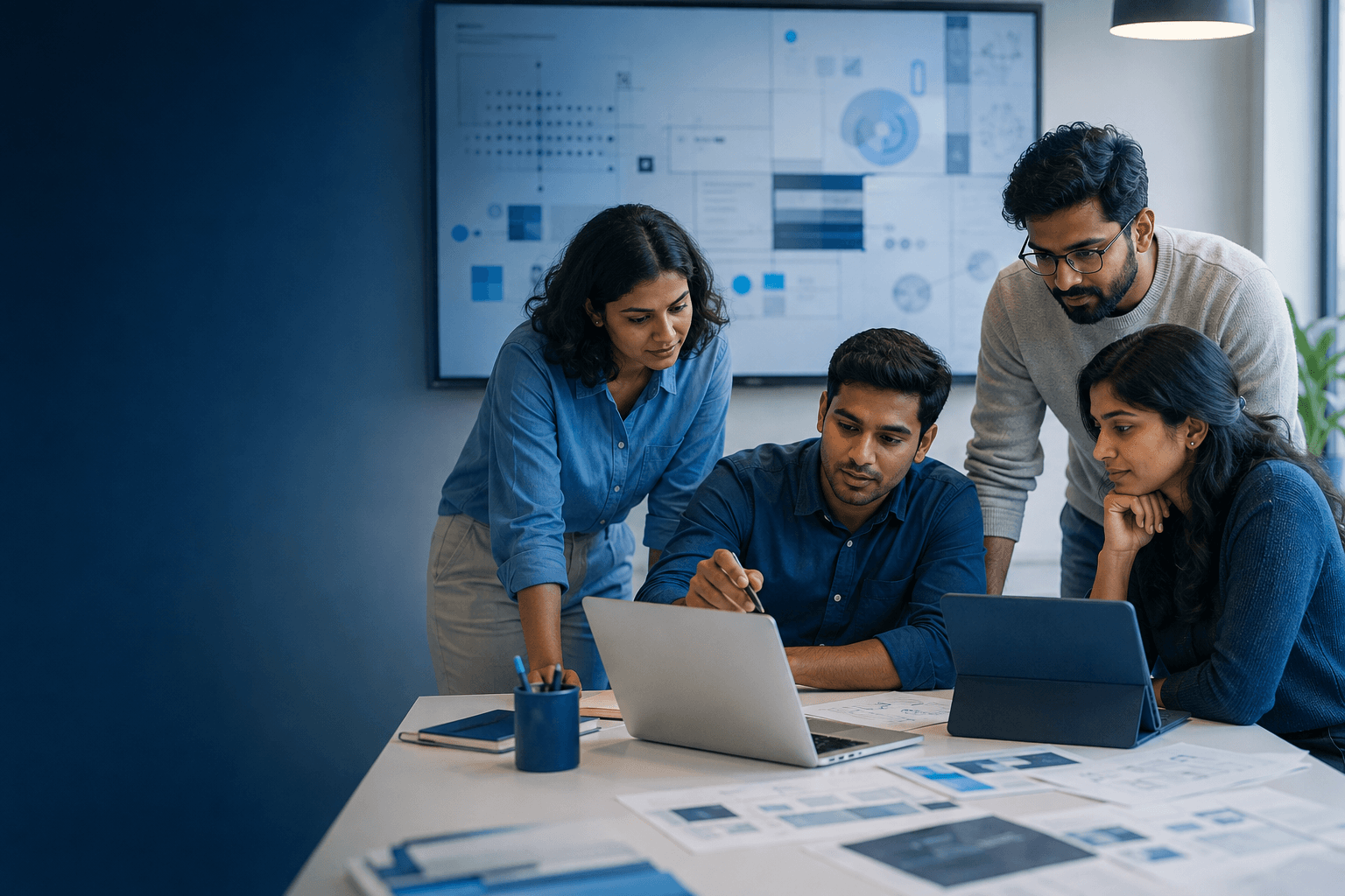 A digital team collaborating on product strategy and interface design